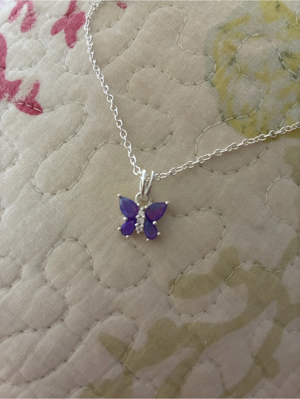 Silver Butterfly Necklace with Purple Gemstones